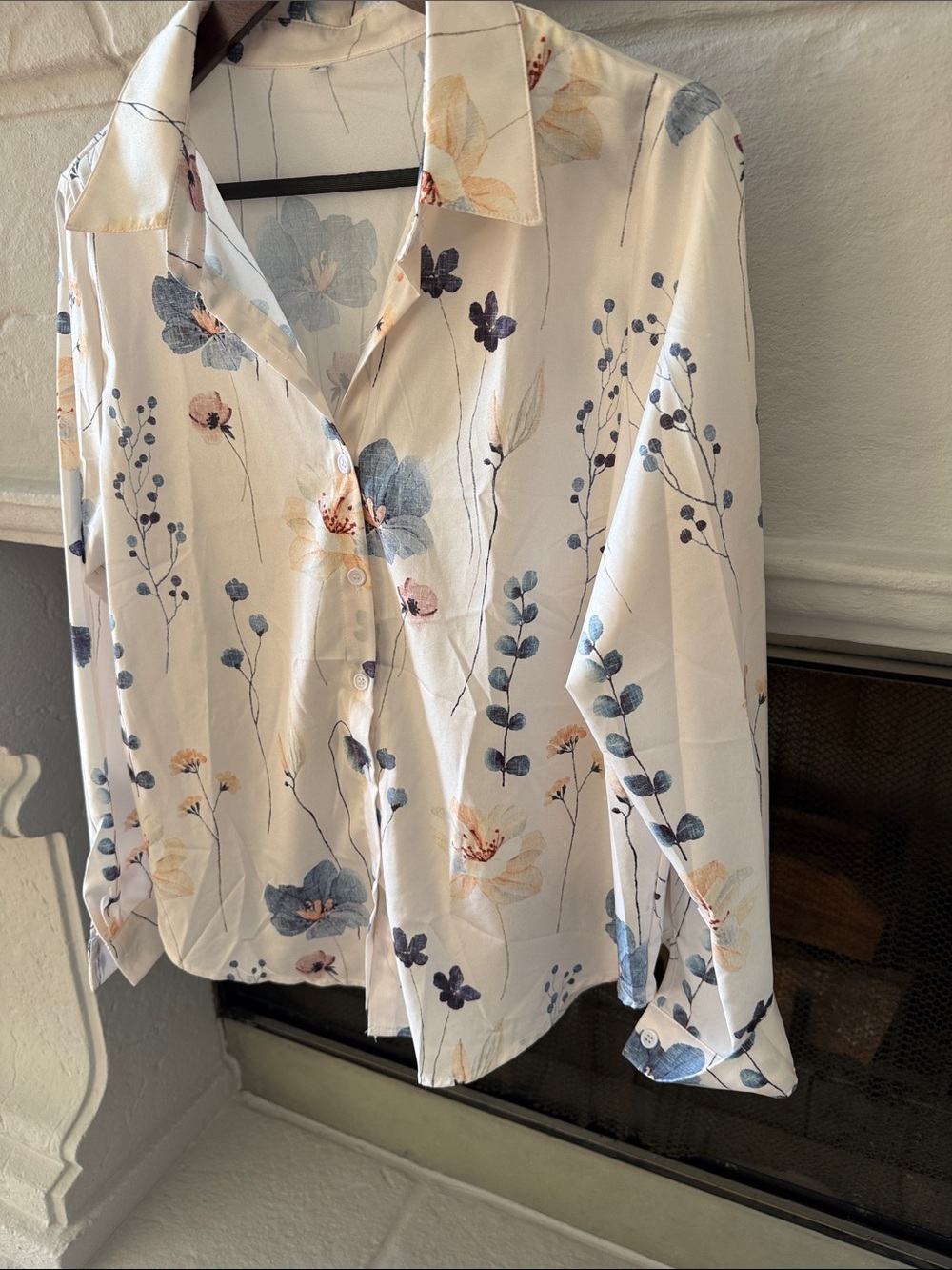 Women's Floral Button-Up Blouse - White with Blue Floral Print - Picture 3 of 5